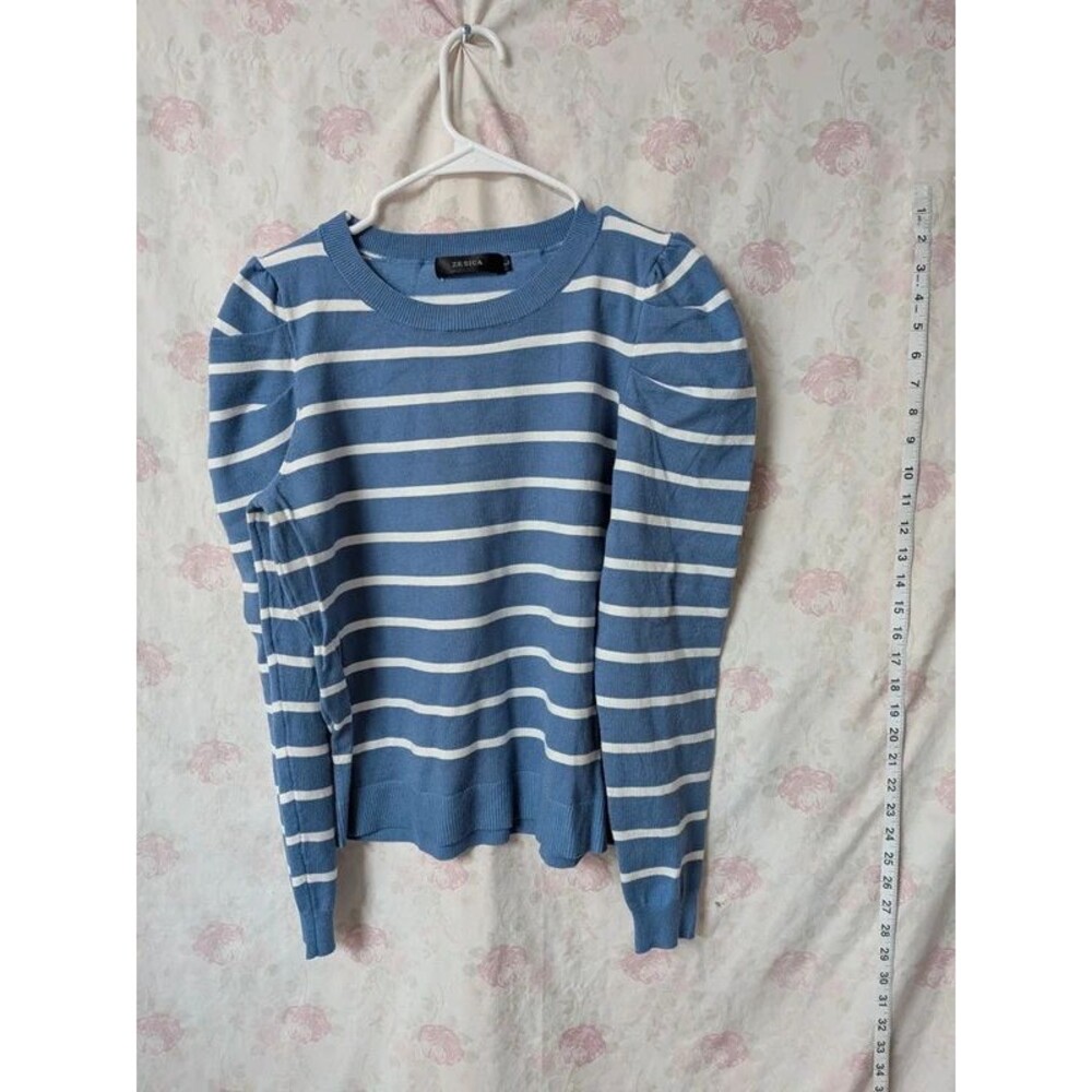 L Zesica Striped Puff Sleeve Knit Sweater A135